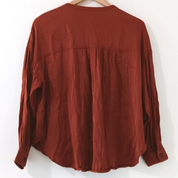 Anthropologie Darrah Western Sophisticated Rust Satin Pleated Button Down Top - Picture 4 of 12
